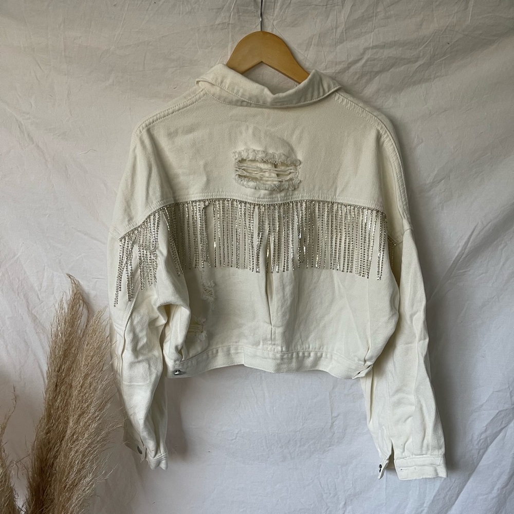 White Denim Rhinestone Jacket